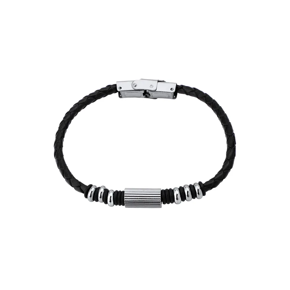 Pulseira Masculina Aço e Couro Trançado Redondo