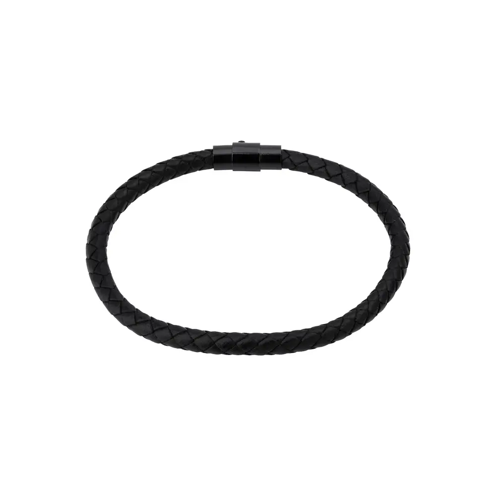 Pulseira Masculina Aço e Couro Trançado Redondo