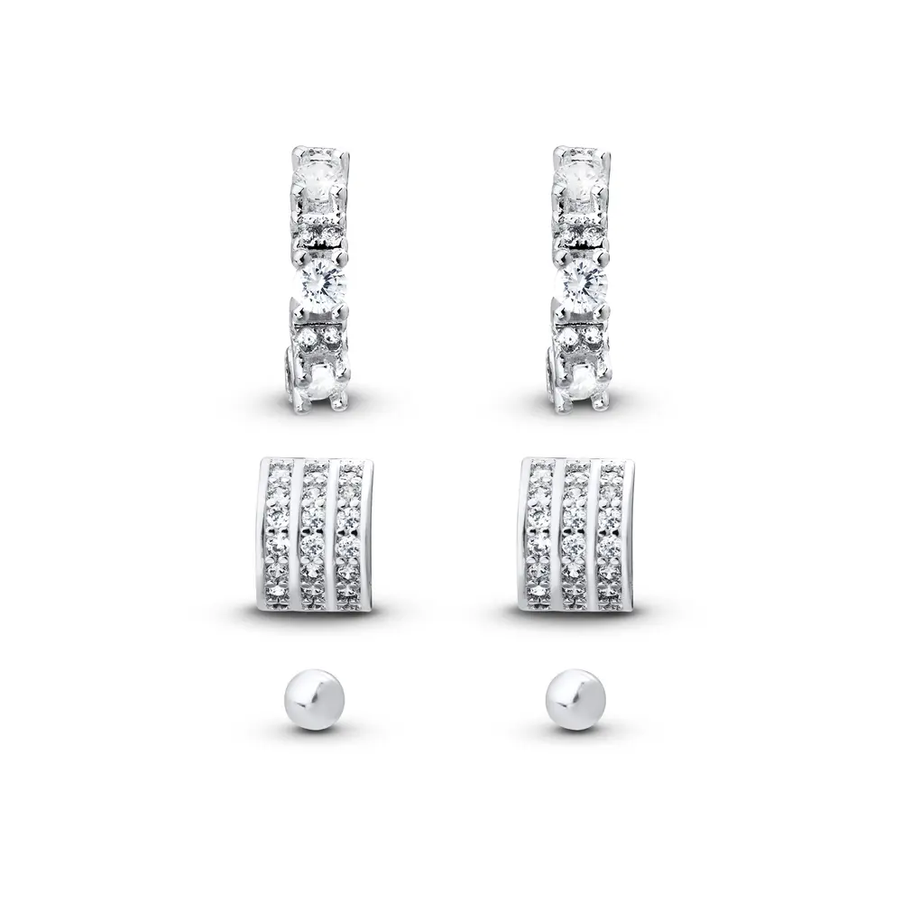 Brinco Prata Leve Trio Meia Argola com Zircônias