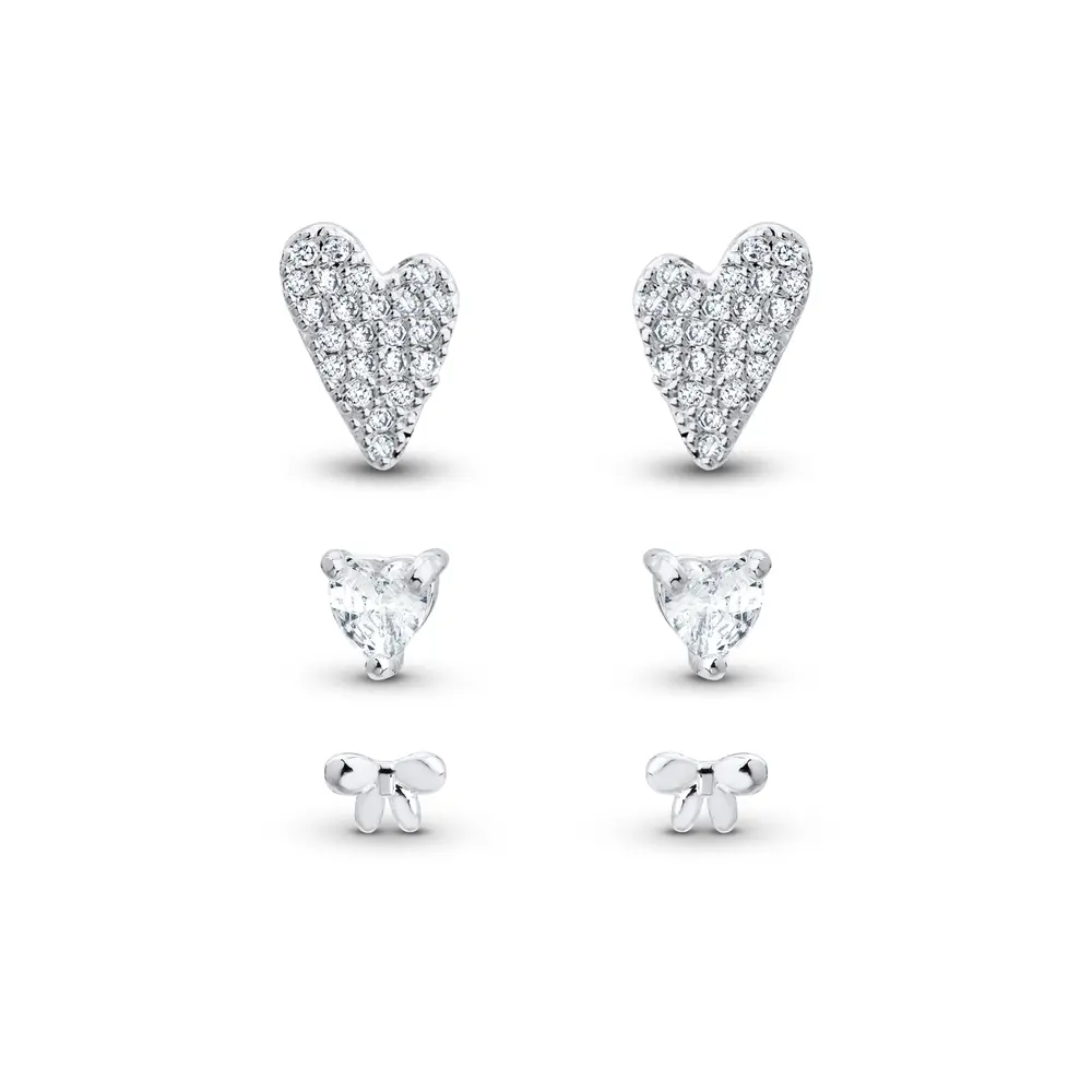 Brinco Prata Leve Trio Corações e Laço