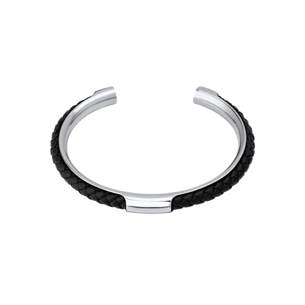 Bracelete Masculino Aço e Couro Trançado Preto