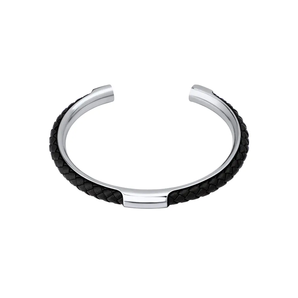Bracelete Masculino Aço e Couro Trançado Preto