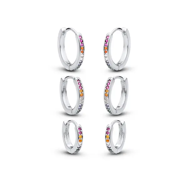 Brinco Prata Leve Trio Argolas com Zircônias Coloridas