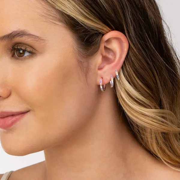 Brinco Prata Leve Trio Argolas com Zircônias Coloridas