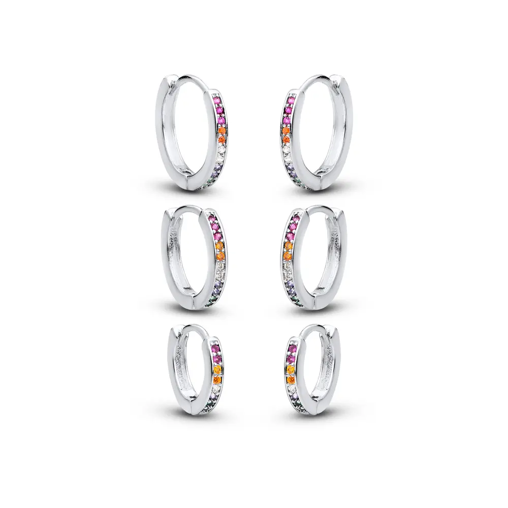 Brinco Prata Leve Trio Argolas com Zircônias Coloridas