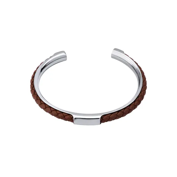 Bracelete Masculino Aço e Couro Trançado Marrom