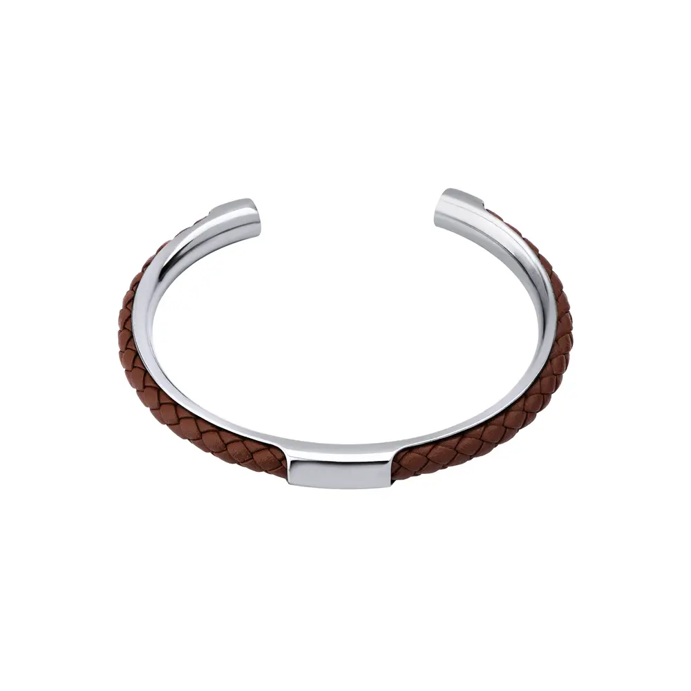 Bracelete Masculino Aço e Couro Trançado Marrom