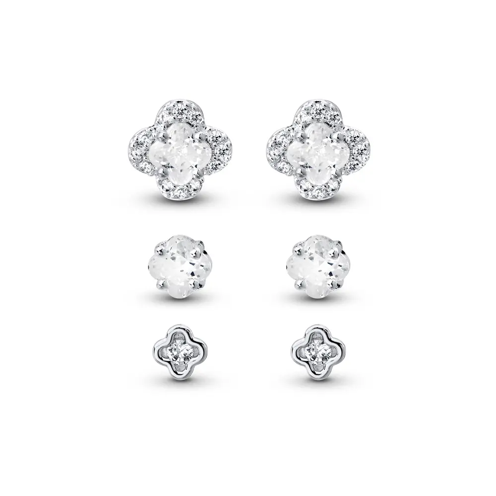 Brinco Prata Leve Trio Flores em Zircônia