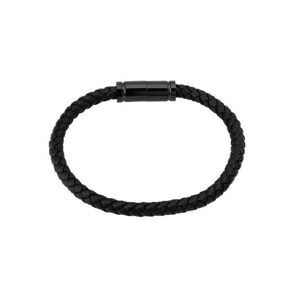 Pulseira Masculina Aço e Couro Trançado Redondo Fecho Magnético