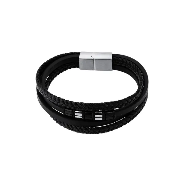 Pulseira Masculina Aço e Couro Trançado Quatro Tiras