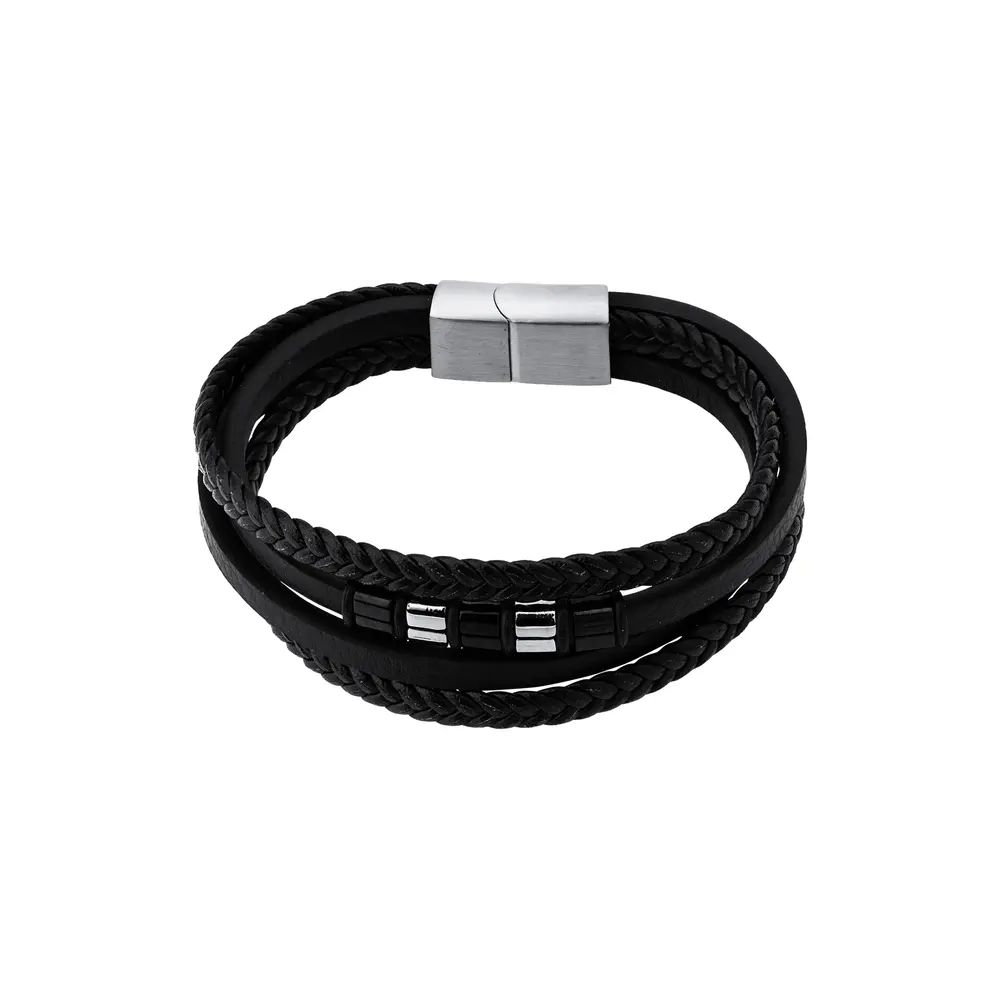 Pulseira Masculina Aço e Couro Trançado Quatro Tiras