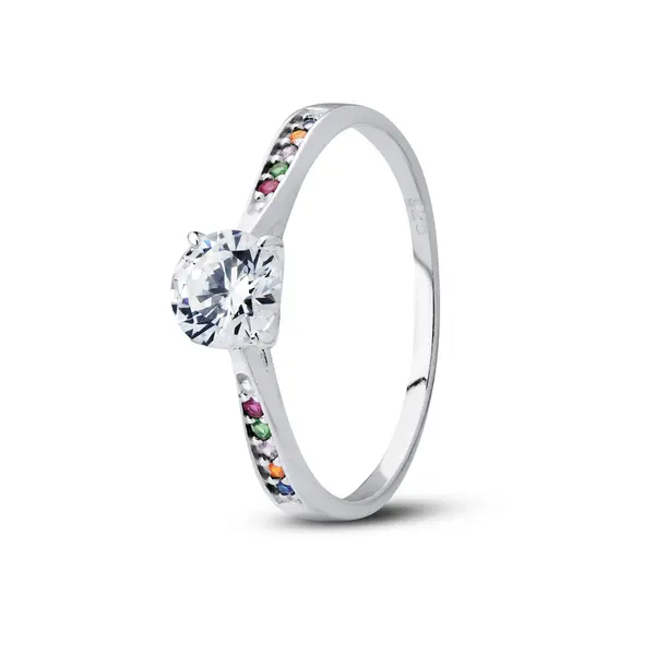 Anel Prata Estilo Solitário Zircônias