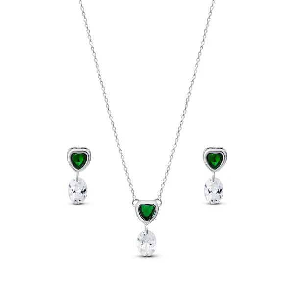 Conjunto Prata Leve Sentimentos Confiança Coração Verde