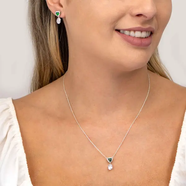 Conjunto Prata Leve Sentimentos Confiança Coração Verde