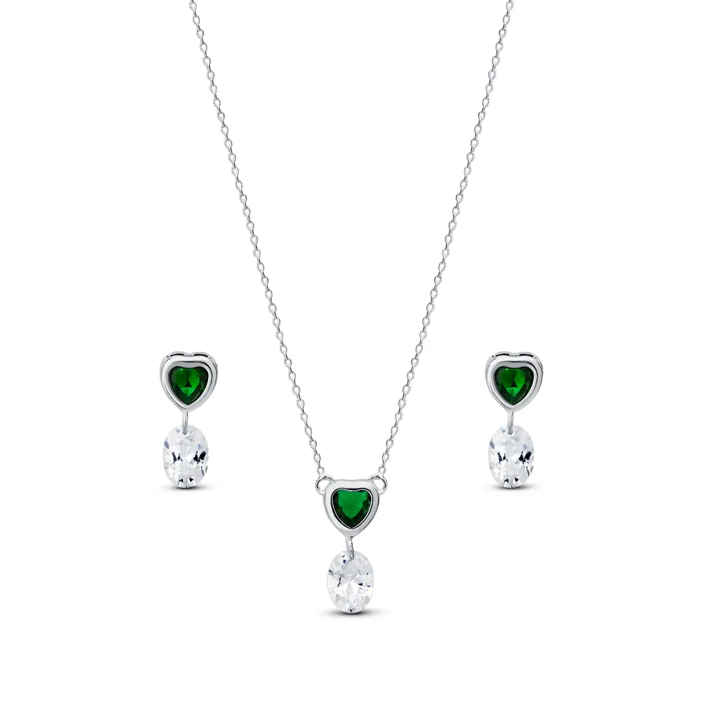 Conjunto Prata Leve Sentimentos Confiança Coração Verde