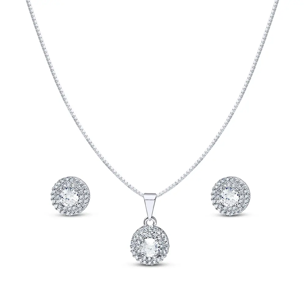 Conjunto Prata Leve Redondo Cravejado