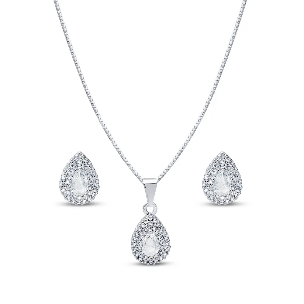 Conjunto Prata Leve Gota Clássica Cravejada
