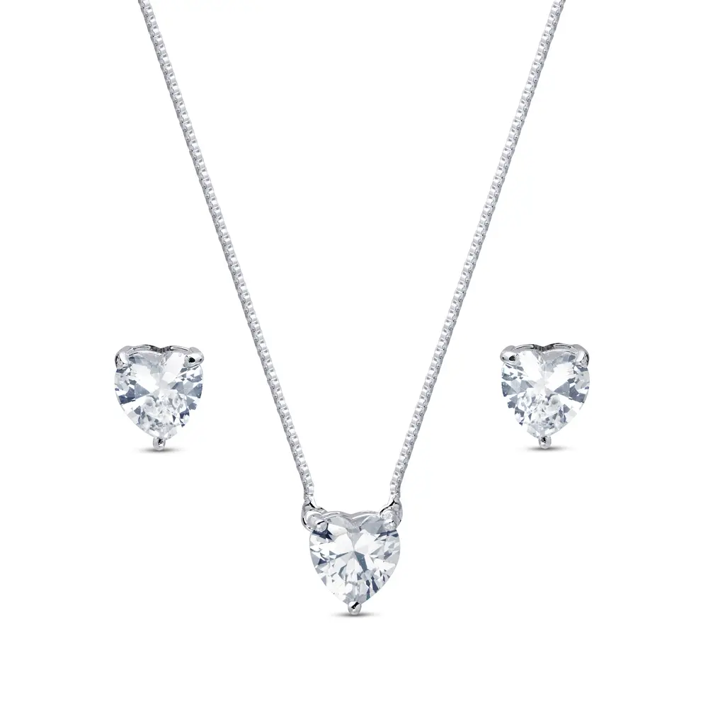 Conjunto Prata Leve Coração com Zircônia