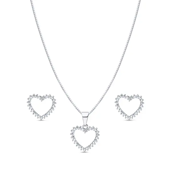 Conjunto Prata Leve Coração Vazado Cravejado