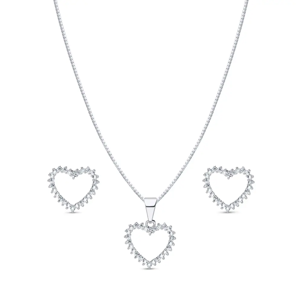 Conjunto Prata Leve Coração Vazado Cravejado