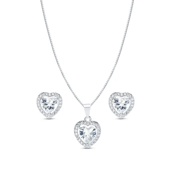 Conjunto Prata Leve Coração Cravejado Grande