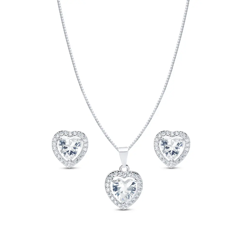 Conjunto Prata Leve Coração Cravejado Grande