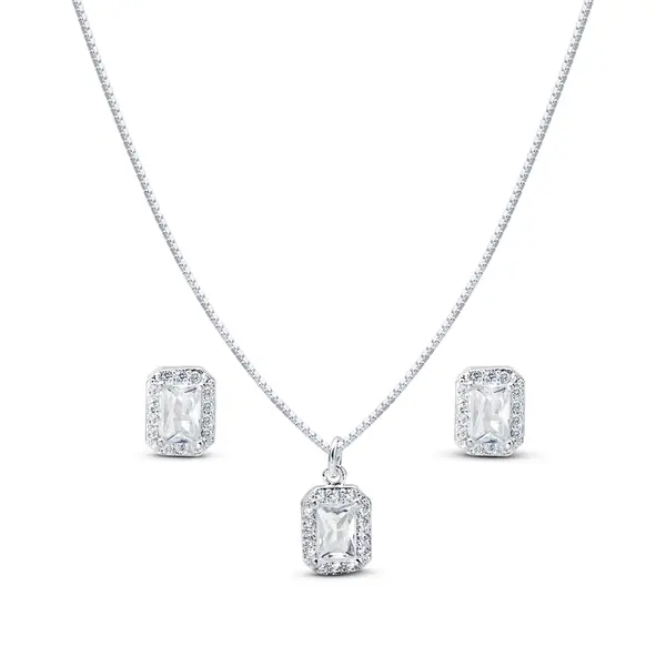 Conjunto Prata Leve Retangulo Clássico Cravejado