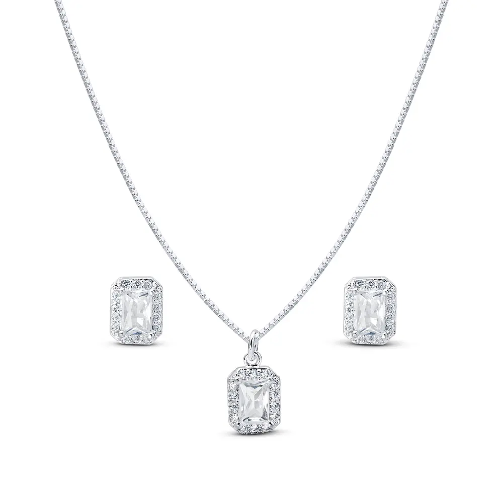 Conjunto Prata Leve Retangulo Clássico Cravejado