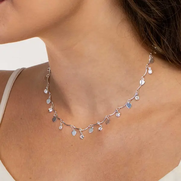 Gargantilha Prata Leve Corações e Zircônias
