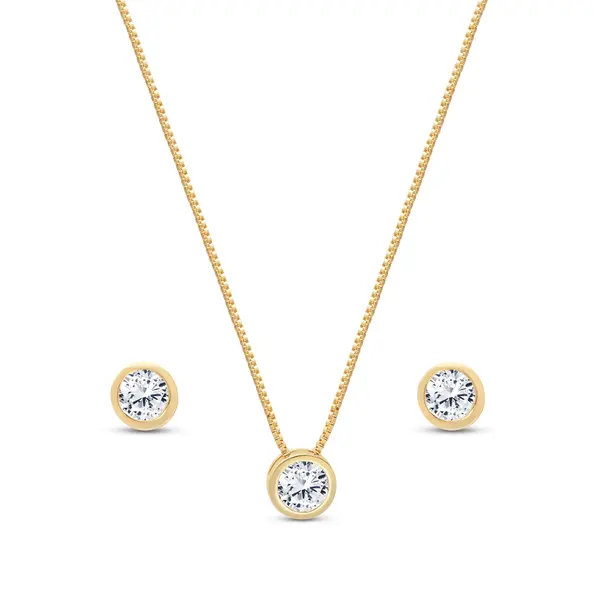 Conjunto Folheado a Ouro 18k Ponto Luz Redondo Caixa Alta