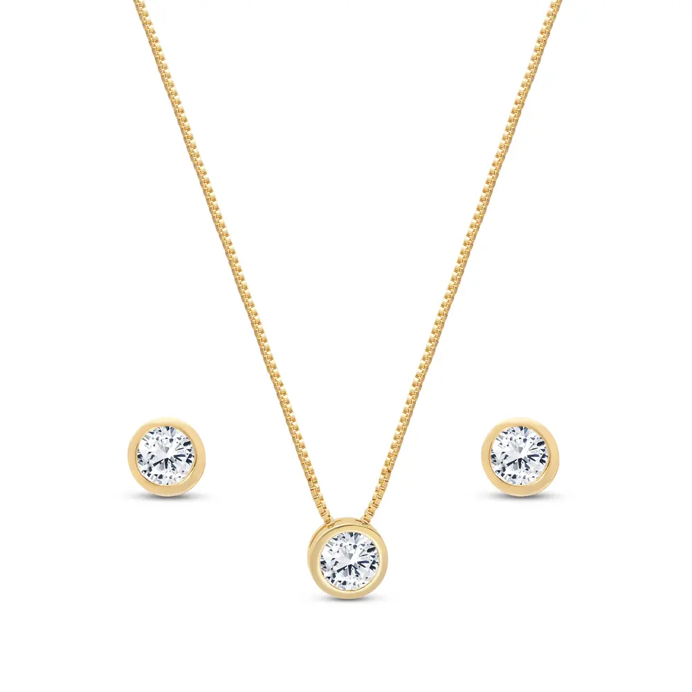 Conjunto Folheado a Ouro 18k Ponto Luz Redondo Caixa Alta