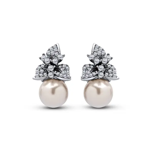 Brinco Prata Leve Folhas Cravejadas e Pérola