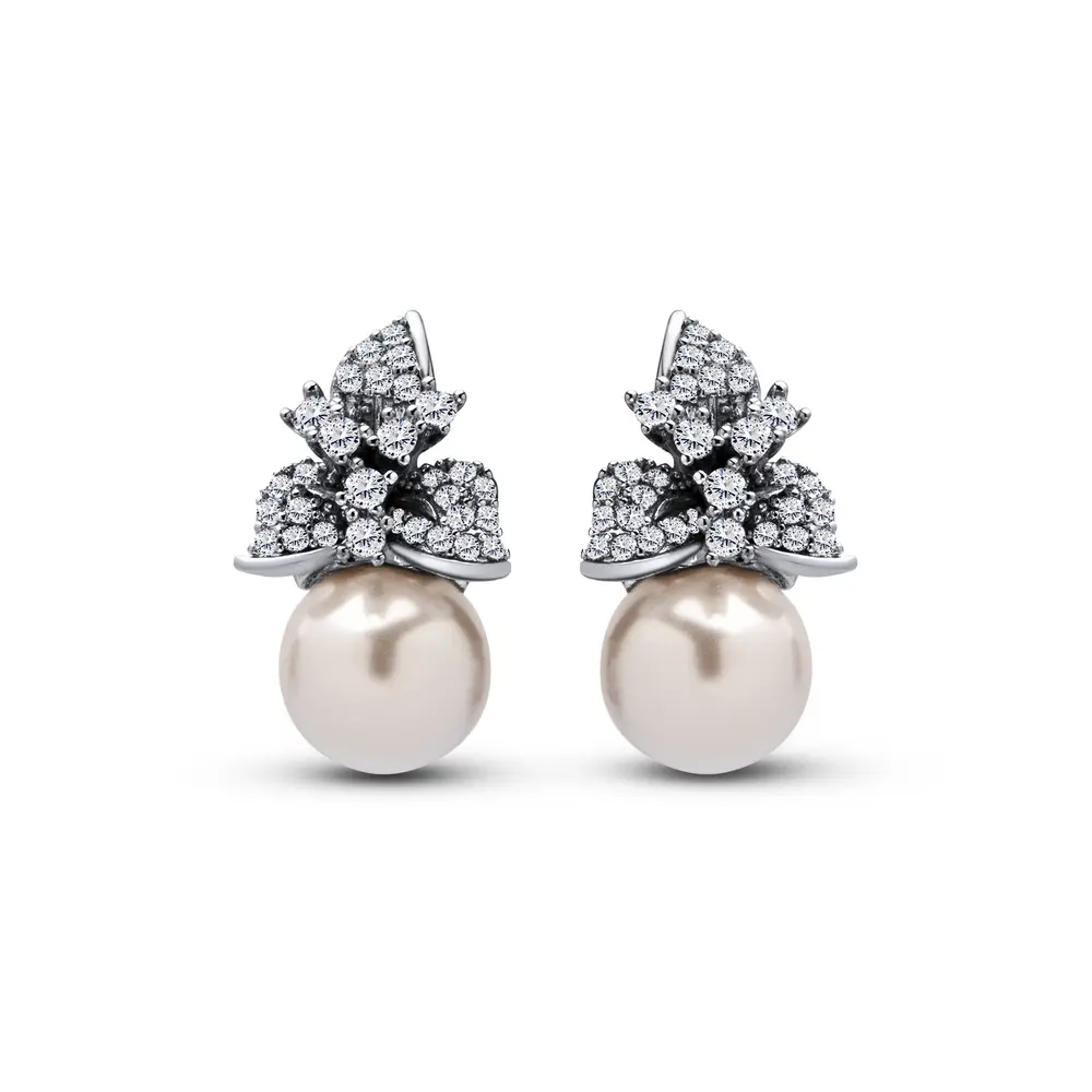 Brinco Prata Leve Folhas Cravejadas e Pérola