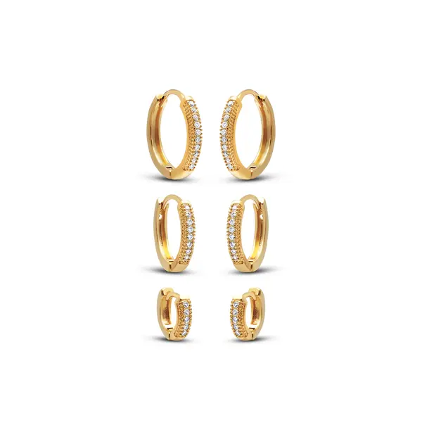Brinco Folheado a Ouro 18k Trio Argola Click com Zircônias