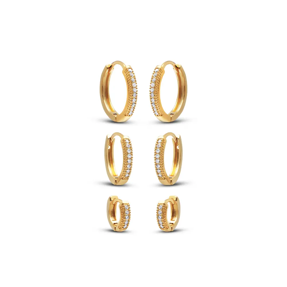 Brinco Folheado a Ouro 18k Trio Argola Click com Zircônias