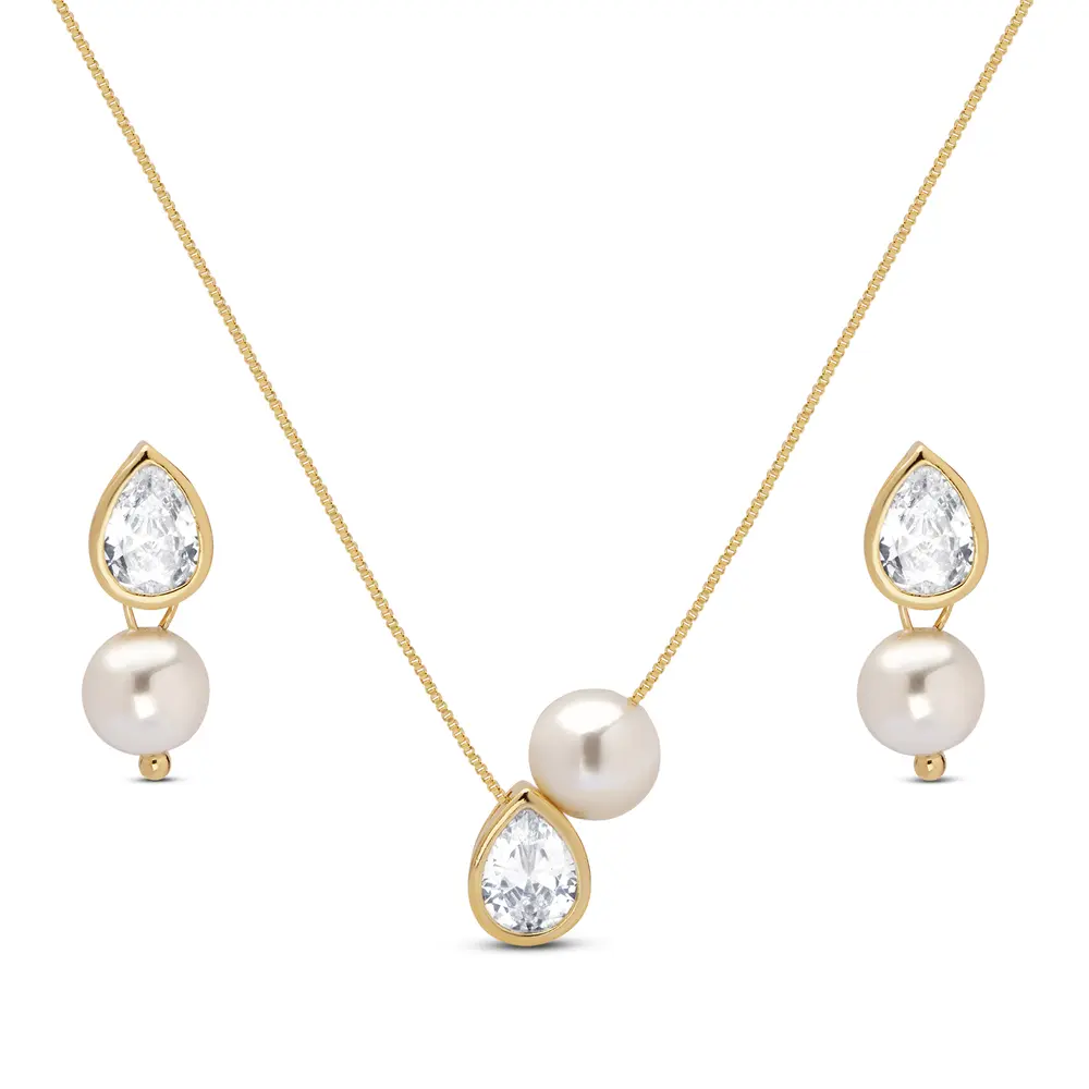 Conjunto Folheado a Ouro 18k Gota com Pérola