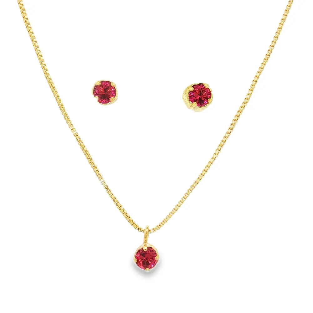 Conjunto Folheado a Ouro 18k Ponto Luz Caixa Alta Zircônia Vermelho
