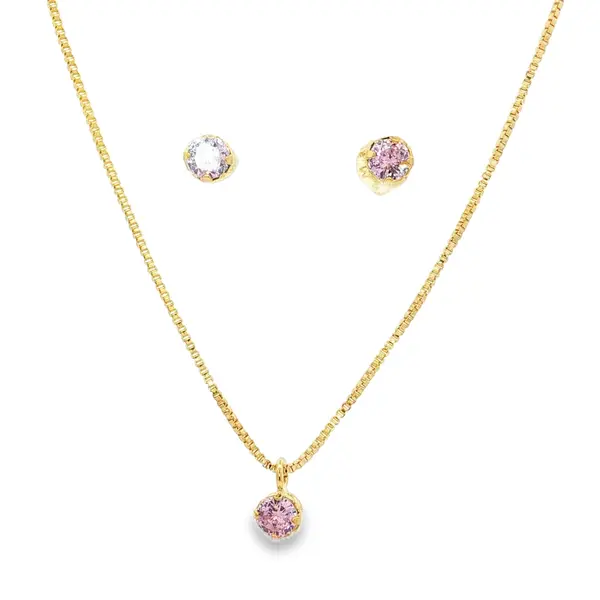 Conjunto Folheado a Ouro 18k Ponto Luz Caixa Alta Zircônia Rosa Claro