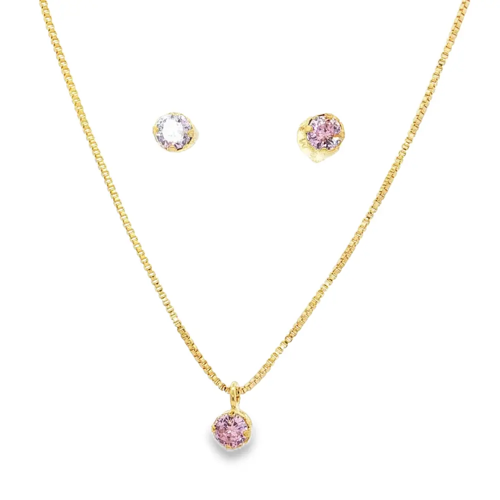 Conjunto Folheado a Ouro 18k Ponto Luz Caixa Alta Zircônia Rosa Claro