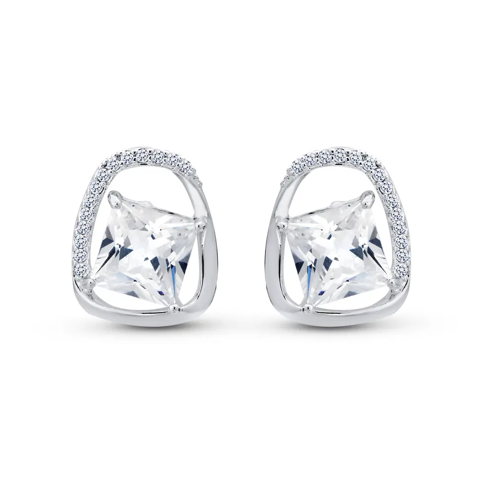 Brinco Prata Leve Orgânico com Zircônia Quadrada