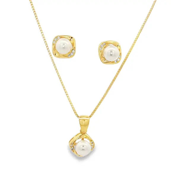 Conjunto Folheado a Ouro 18k Quadrado com Pérola