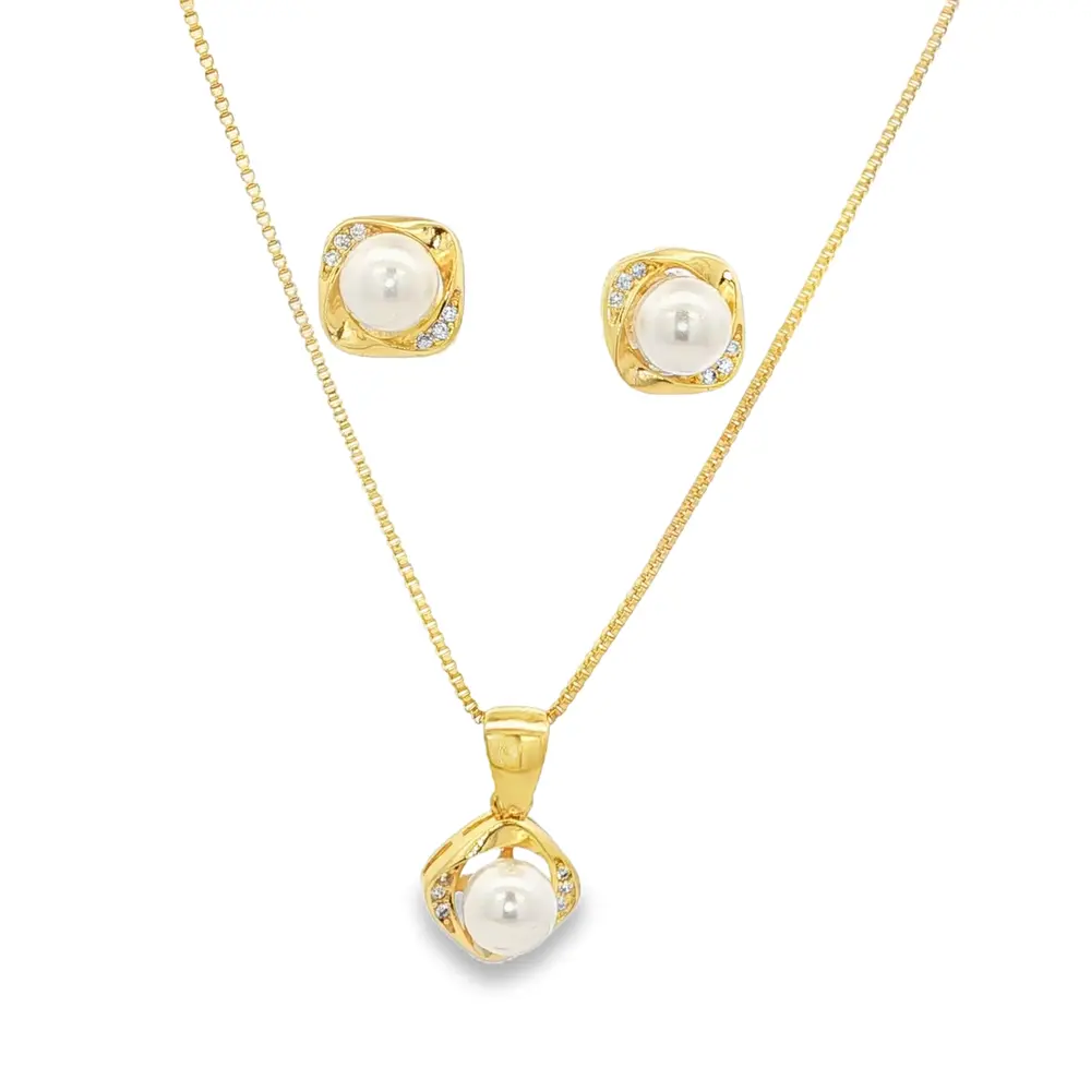 Conjunto Folheado a Ouro 18k Quadrado com Pérola