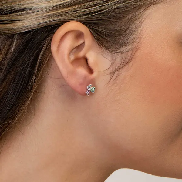 Brinco Prata Leve Trevo Zircônias Coloridas