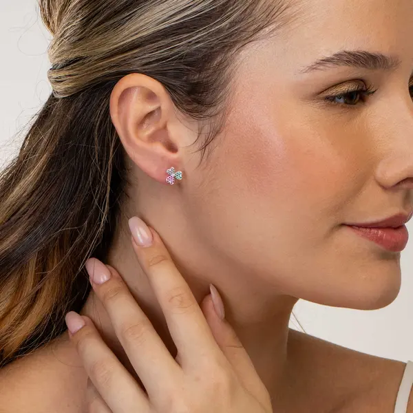 Brinco Prata Leve Trevo Zircônias Coloridas