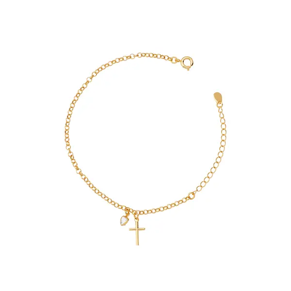 Pulseira Folheado a Ouro 18k Pingente Cruz e Coração