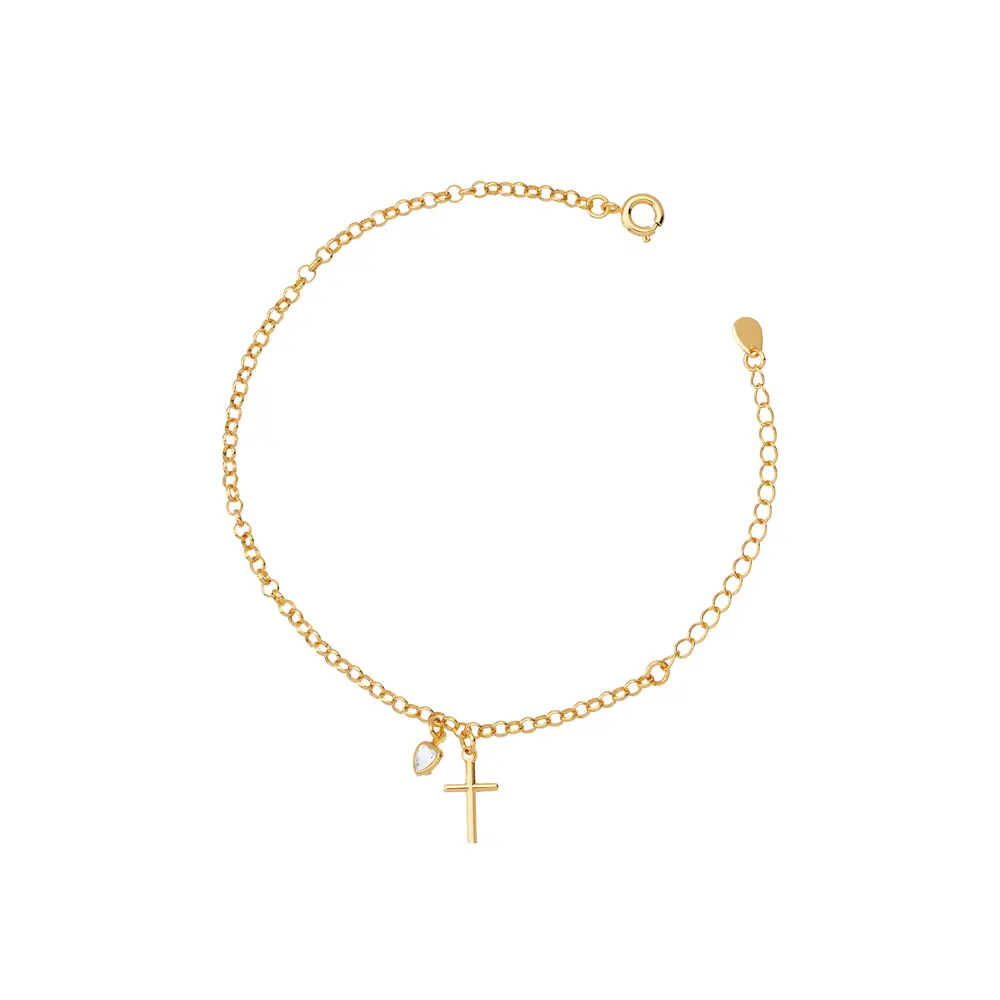 Pulseira Folheado a Ouro 18k Pingente Cruz e Coração