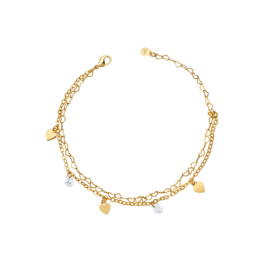 Pulseira Folheado a Ouro 18k Dupla Corações e Zircônias