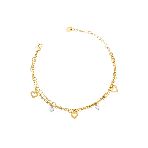 Pulseira Folheado a Ouro 18k Dupla Corações Vazados e Zircônias