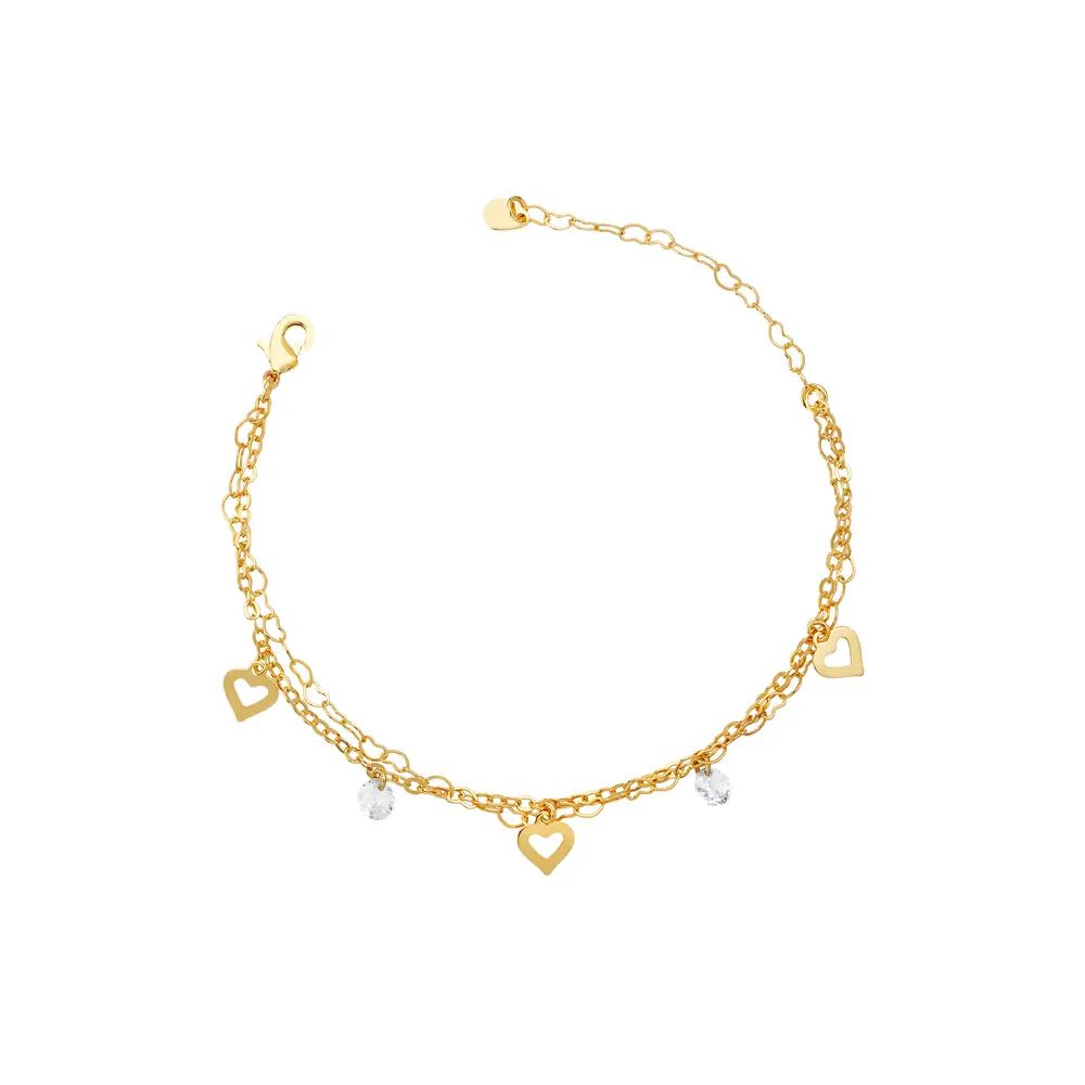 Pulseira Folheado a Ouro 18k Dupla Corações Vazados e Zircônias