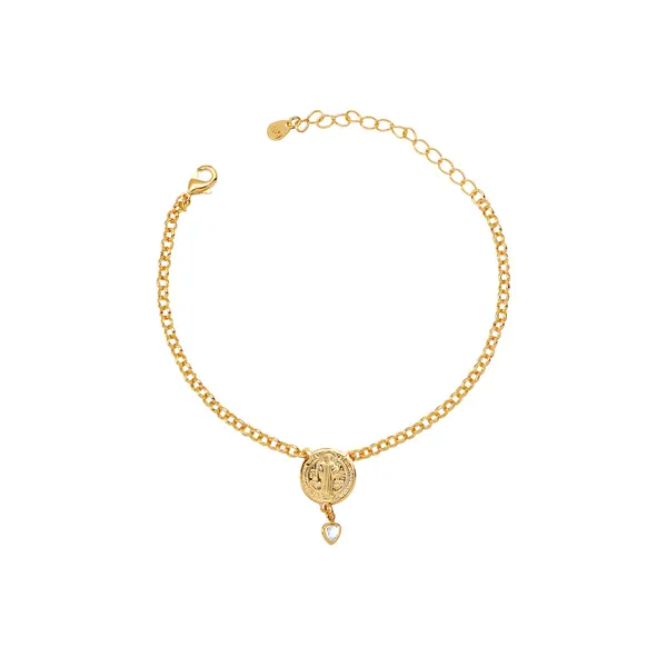 Pulseira Folheado a Ouro 18k Medalha São Bento e Coração